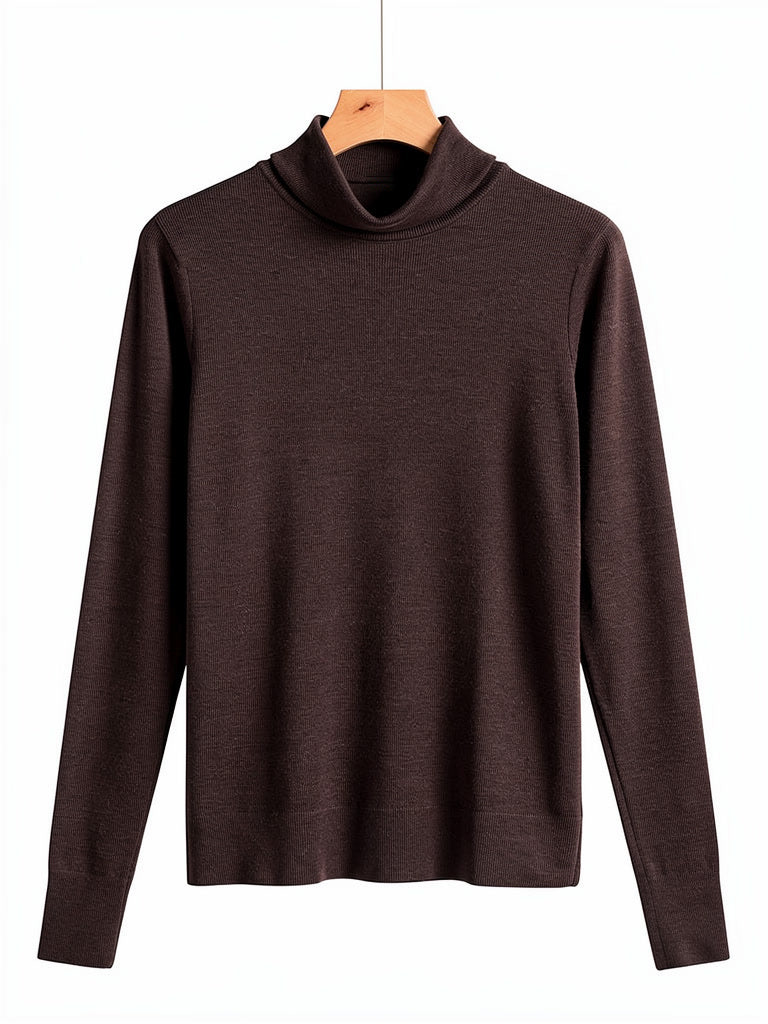 Treacle brown wool roll neck top on a wooden hanger, showing the folded roll collar and fine rib