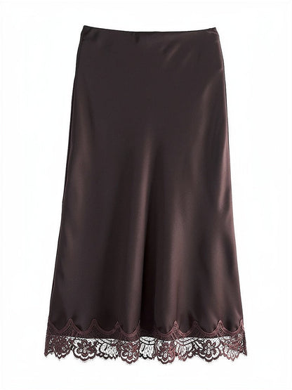 Satin midi skirt with a scalloped lace hem in Sable, front view