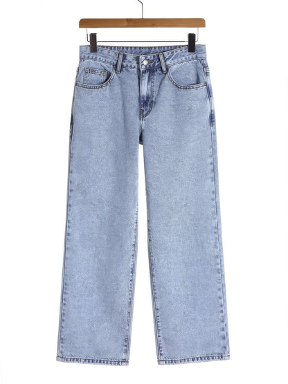 Bleach Blue wide-leg jeans on a wooden hanger, showing the high waistband and full straight leg