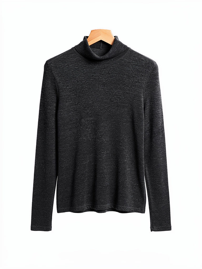 Charcoal marl wool roll neck top on a wooden hanger, folded roll collar and deep ribbed cuffs
