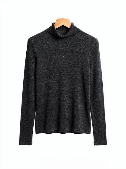Charcoal marl wool roll neck top on a wooden hanger, folded roll collar and deep ribbed cuffs