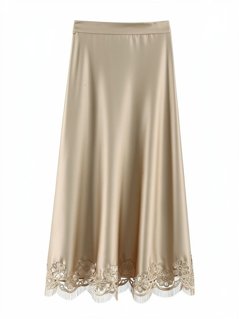 Satin midi skirt with a scalloped lace hem in Pale Gold, front view