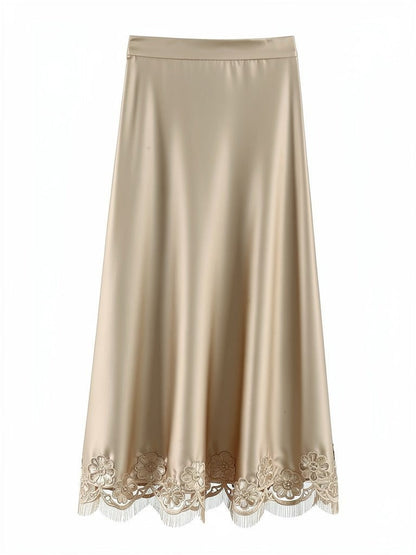 Satin midi skirt with a scalloped lace hem in Pale Gold, front view