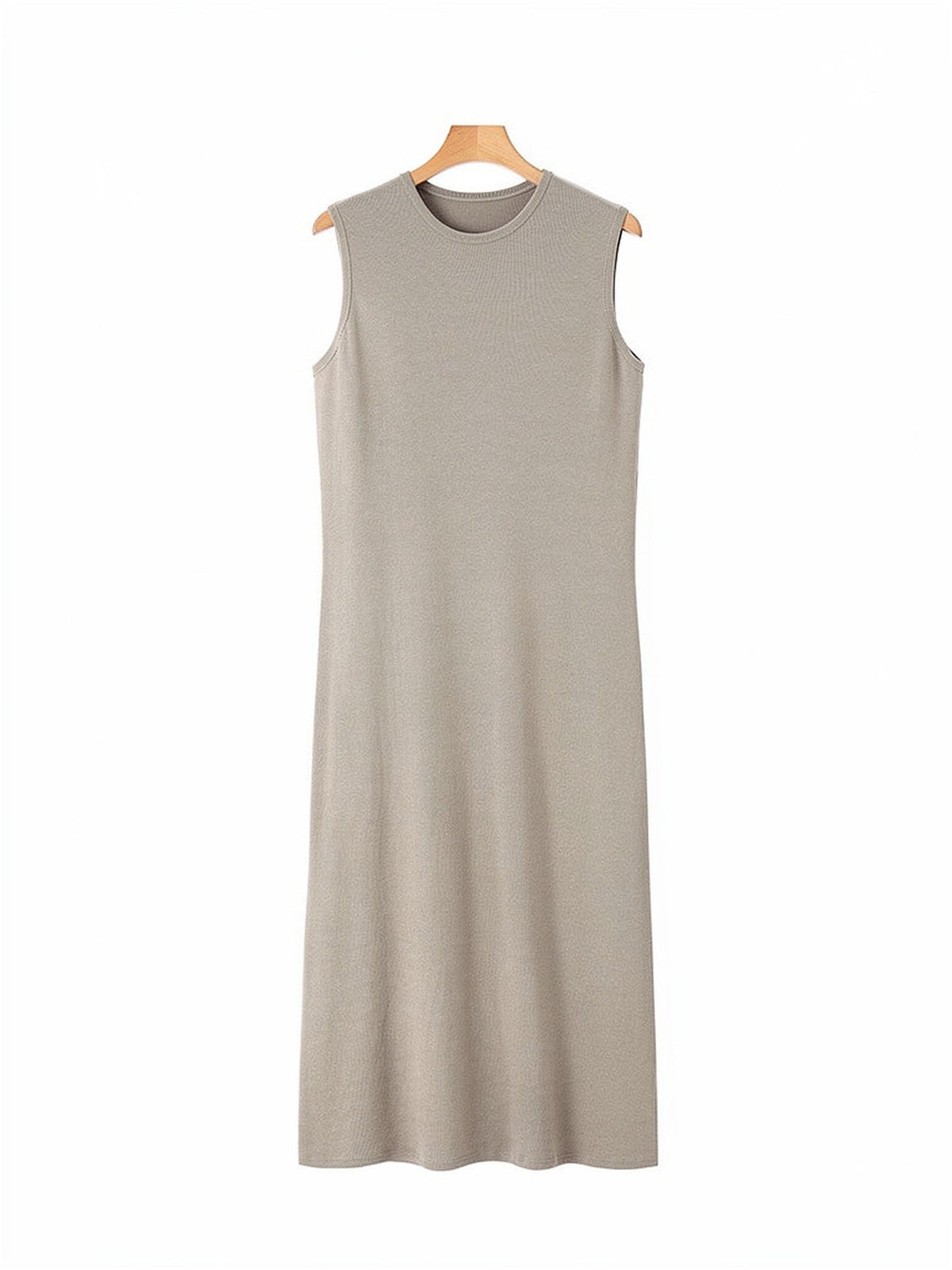Sleeveless rib maxi dress in Thatch on a hanger, pale warm greige cotton knit