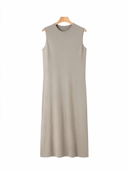 Sleeveless rib maxi dress in Thatch on a hanger, pale warm greige cotton knit
