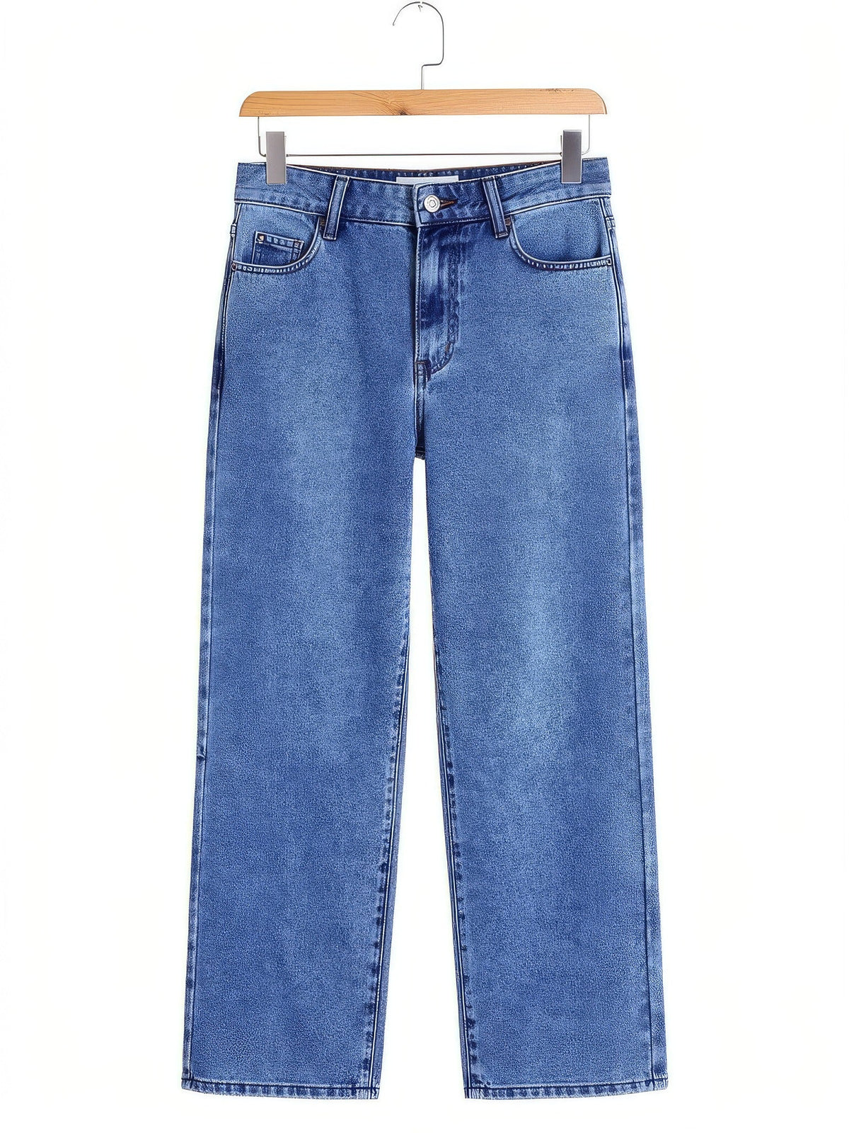 Mid Blue wide-leg jeans on a wooden hanger, showing the stonewashed denim and wide leg