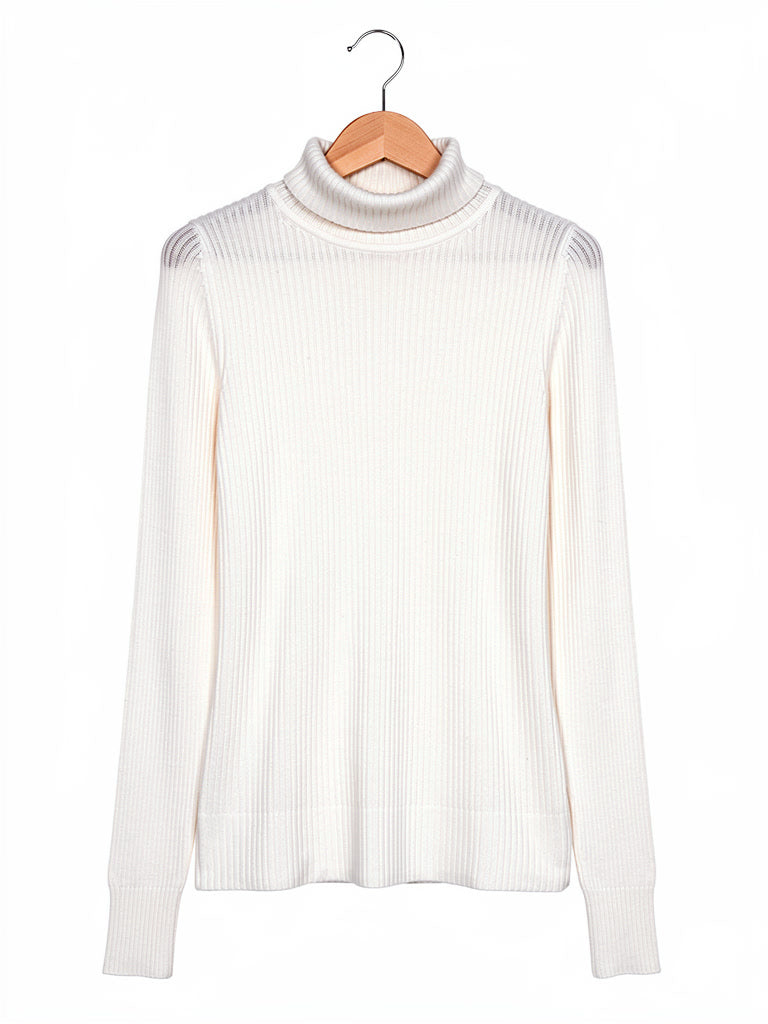 Vellum white wool roll neck top on a wooden hanger, folded roll collar and fine vertical rib
