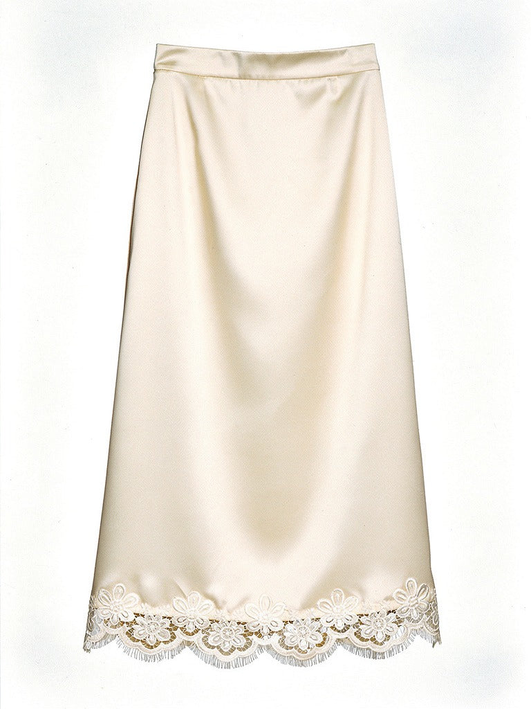 Satin midi skirt with a scalloped lace hem in Vanilla, front view