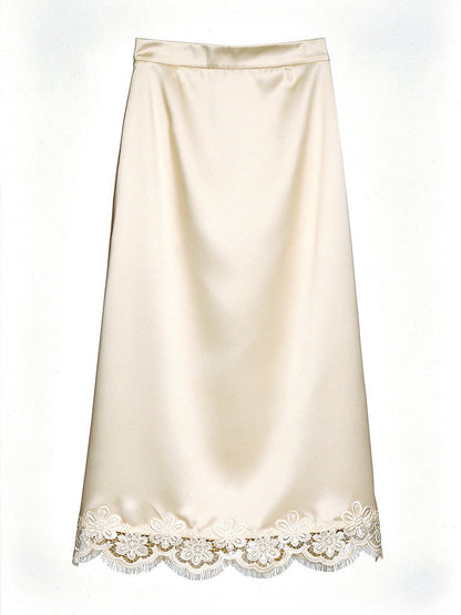 Satin midi skirt with a scalloped lace hem in Vanilla, front view