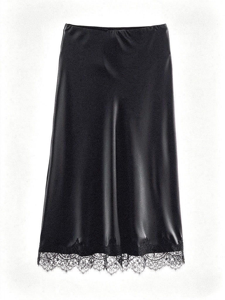 Satin midi skirt with a scalloped lace hem in Black, front view