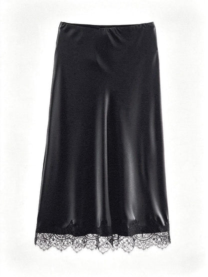 Satin midi skirt with a scalloped lace hem in Black, front view