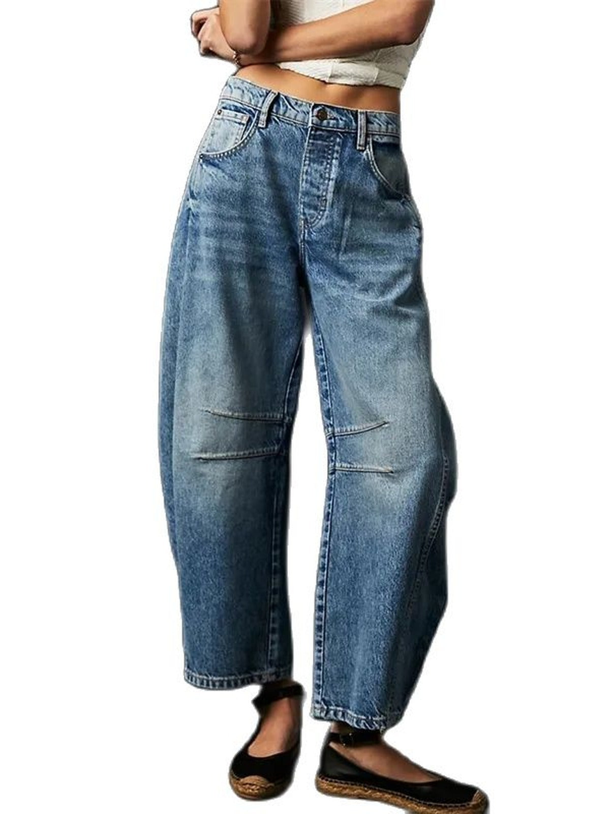 Womens barrel jeans in Vintage Blue denim, full length from the mid rise waistband to the cropped hem
