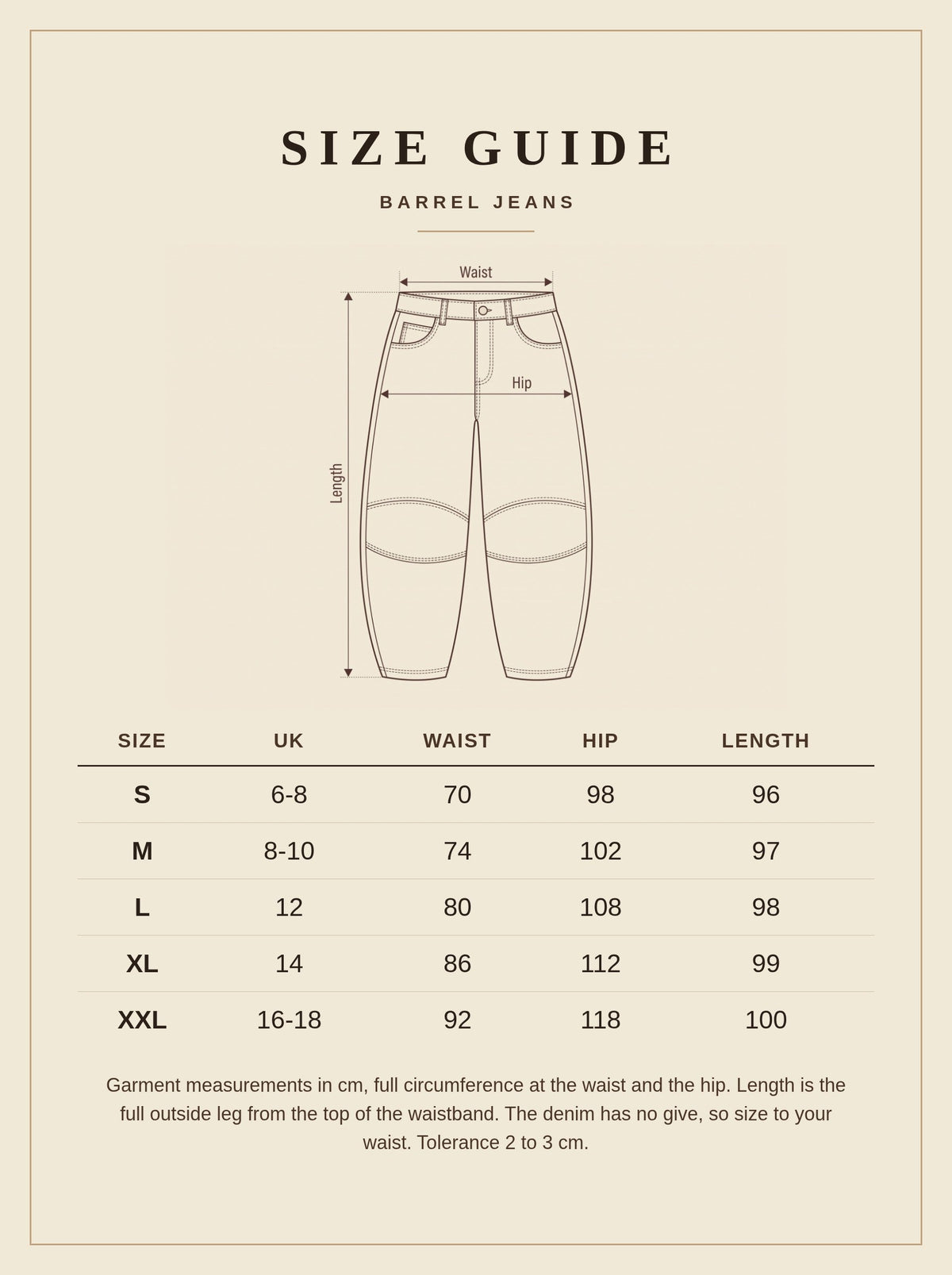 Harlbury size guide for the Lechlade barrel jeans, UK 6 to 18, waist hip and length in cm