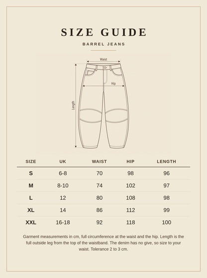 Harlbury size guide for the Lechlade barrel jeans, UK 6 to 18, waist hip and length in cm