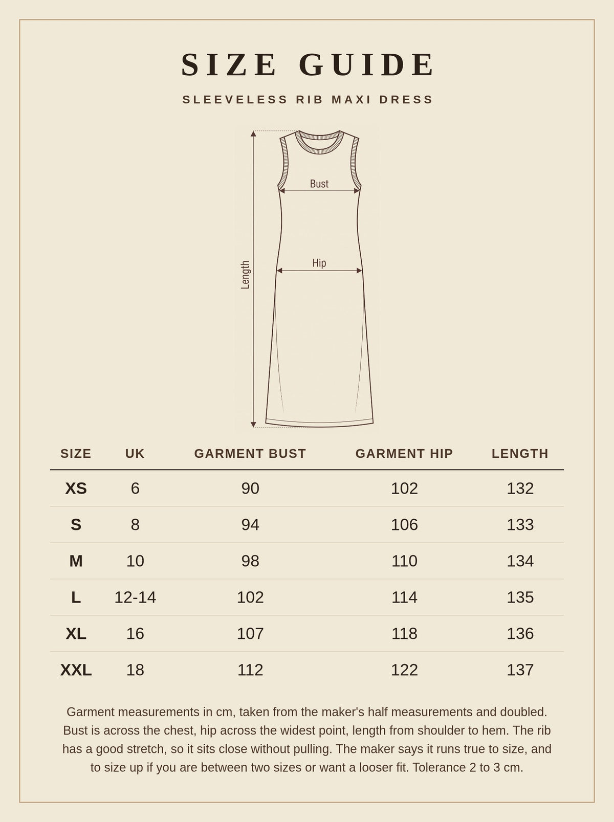 Size guide for the brown maxi dress, UK 6 to 18 with garment measurements in cm