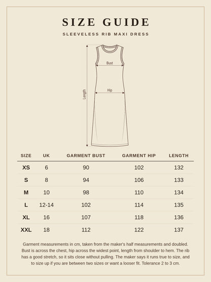 Size guide for the brown maxi dress, UK 6 to 18 with garment measurements in cm