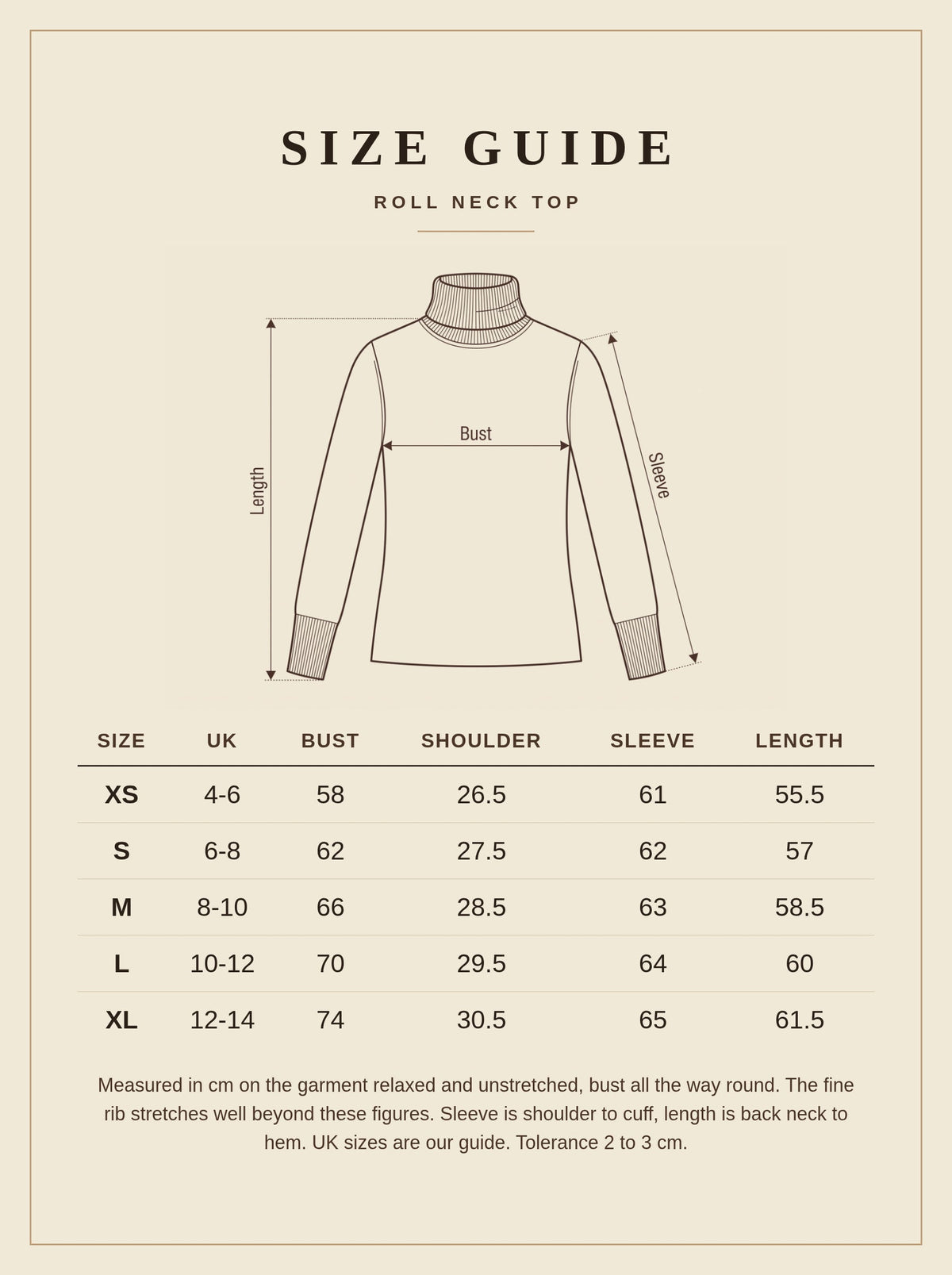 Size guide for the Withington wool roll neck top, UK 4 to 14, measurements in cm