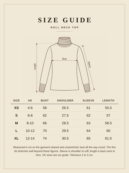 Size guide for the Withington wool roll neck top, UK 4 to 14, measurements in cm