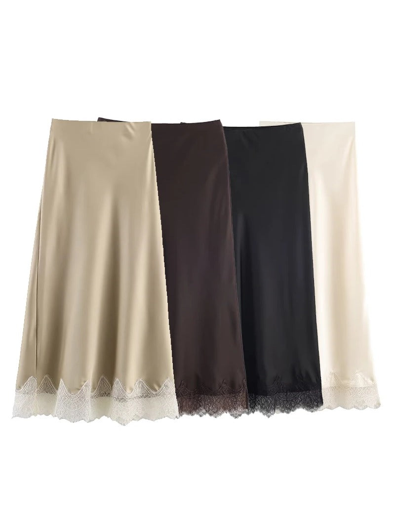 Satin midi skirt with a scalloped lace hem in all four colours