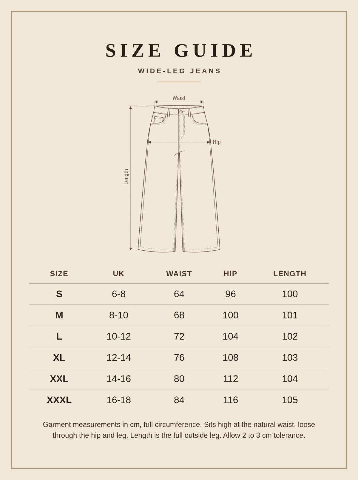 Harlbury size guide for the Aldbury wide-leg jeans, UK 6 to 18, waist hip and length in cm