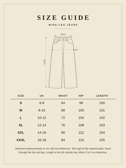 Harlbury size guide for the Aldbury wide-leg jeans, UK 6 to 18, waist hip and length in cm