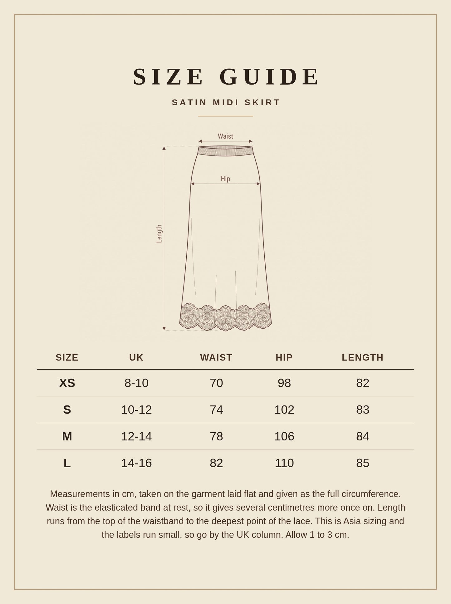 Size guide for the satin midi skirt, measurements in centimetres