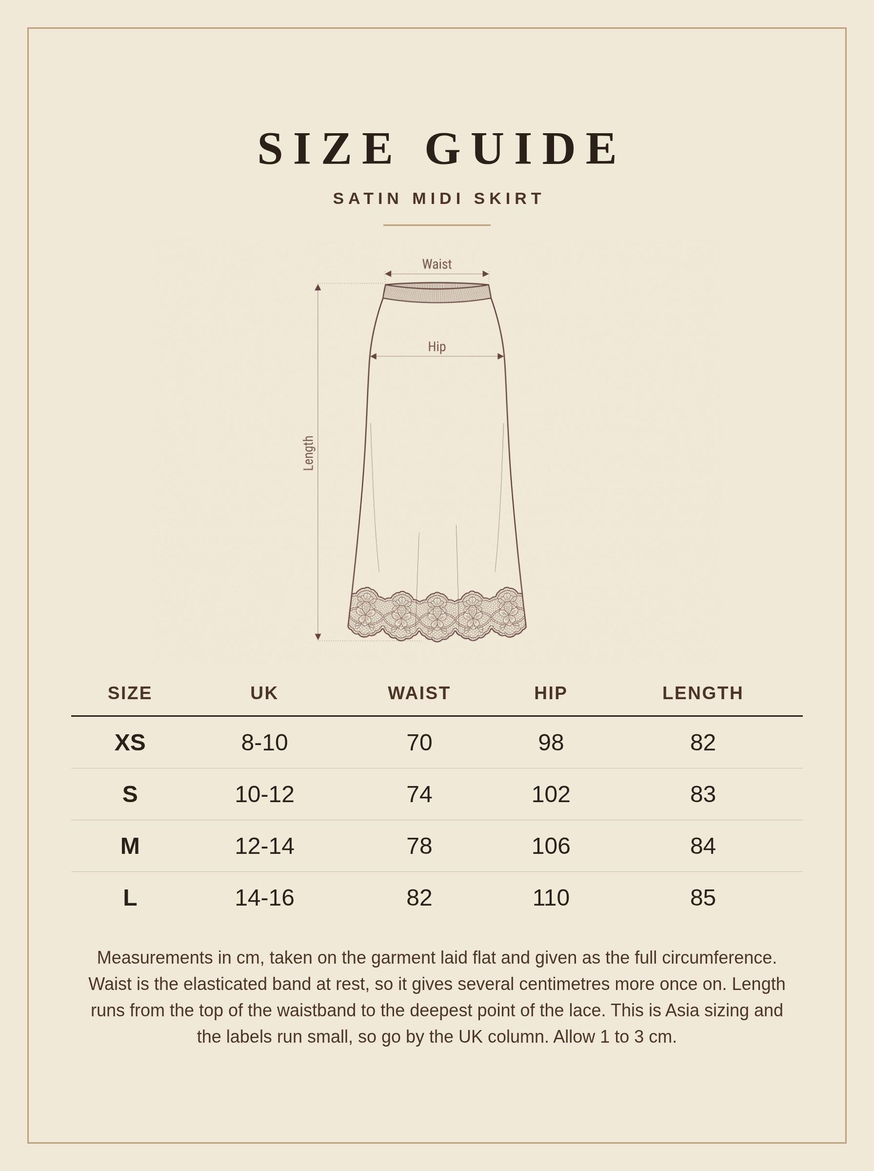 Size guide for the satin midi skirt, measurements in centimetres