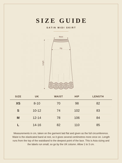 Size guide for the satin midi skirt, measurements in centimetres