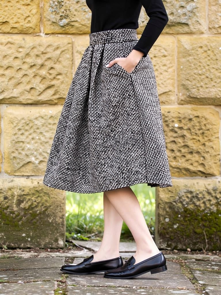 Back view of the black and white herringbone A line skirt, showing how the thick pleated cloth stands away from the body