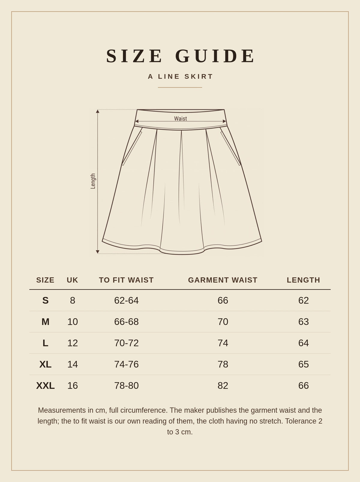 Size guide for the Barrington A line skirt, with UK sizes, to fit waist, garment waist and length in centimetres