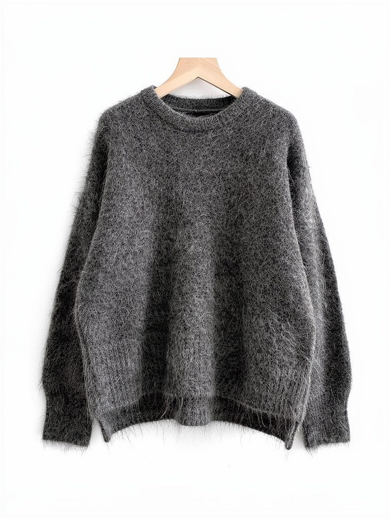 Granite grey brushed alpaca jumper on a wooden hanger, oversized with dropped shoulders