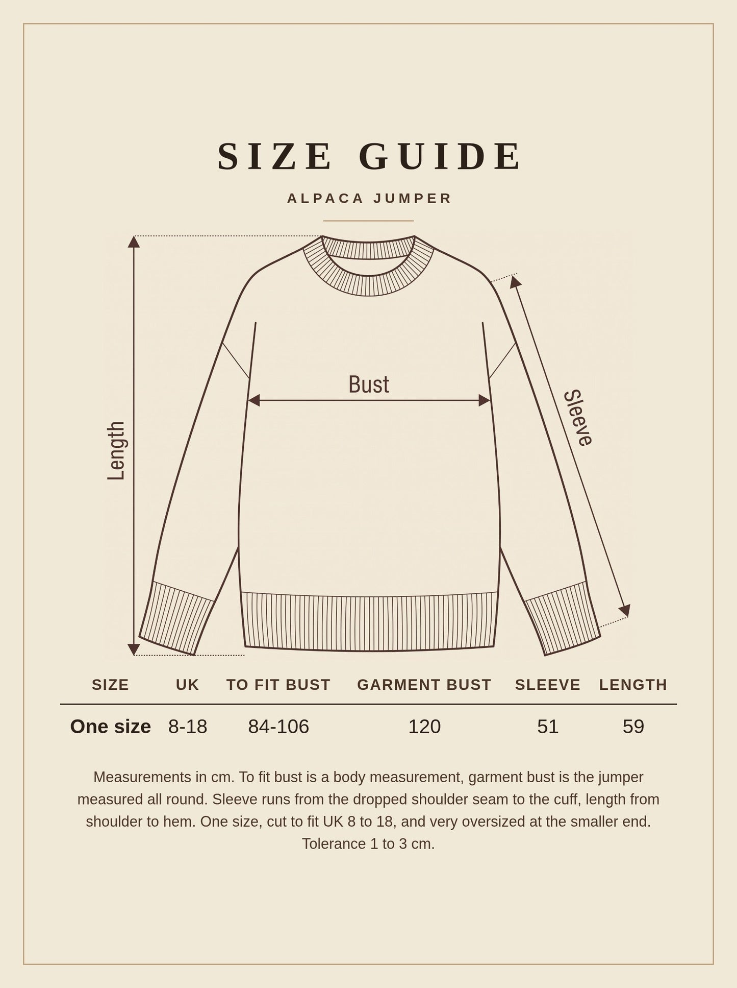 Size guide for the Wetheral alpaca jumper, one size, measurements in centimetres