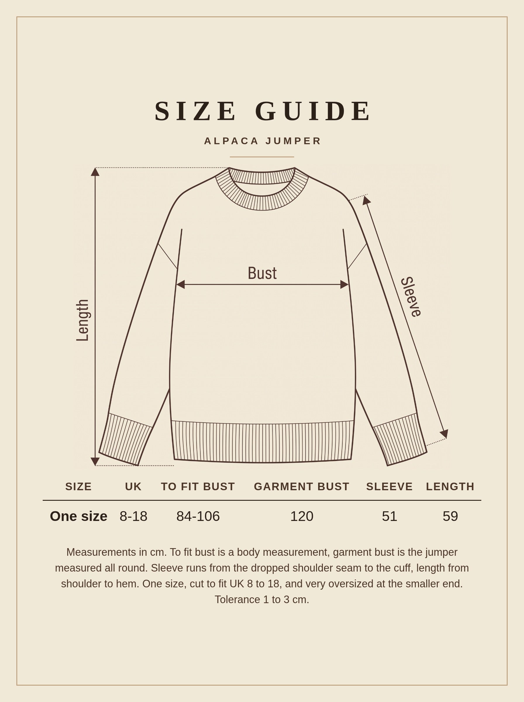 Size guide for the Wetheral alpaca jumper, one size, measurements in centimetres