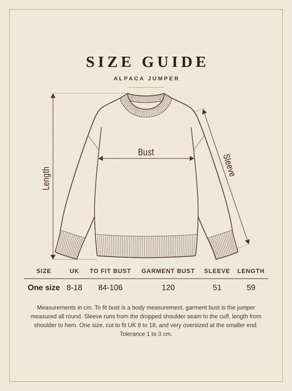 Size guide for the Wetheral alpaca jumper, one size, measurements in centimetres