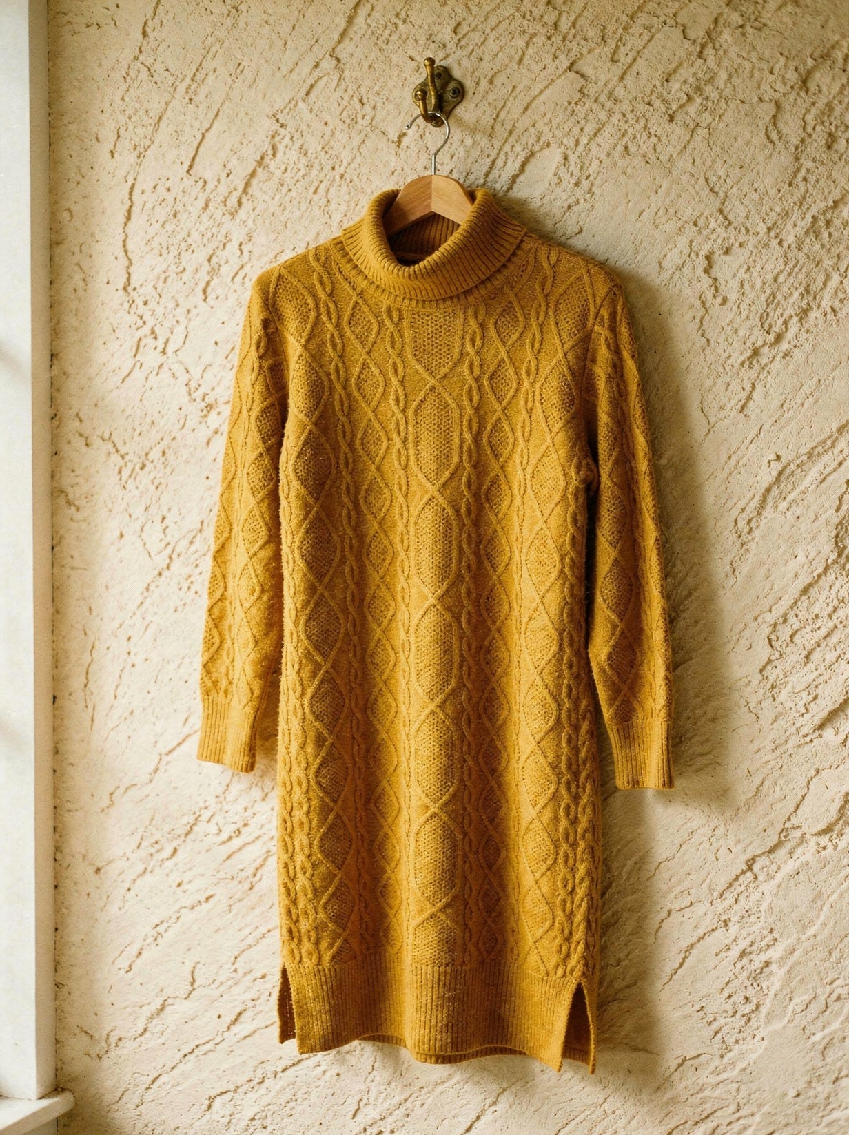 Mustard Aran cable-knit polo-neck jumper dress on a wooden hanger