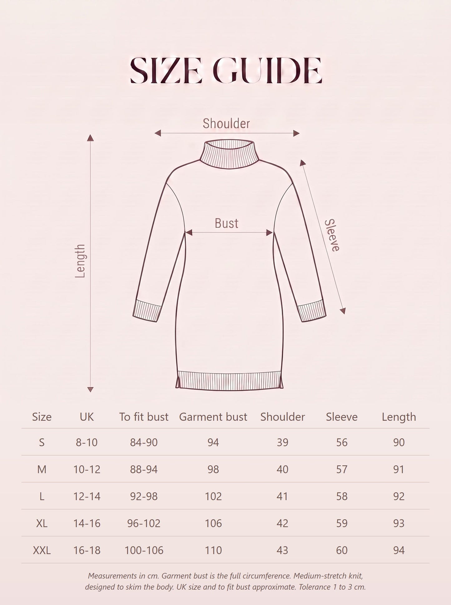 Size guide for the womens Aran cable-knit polo-neck jumper dress with measurements in cm for sizes S to XXL
