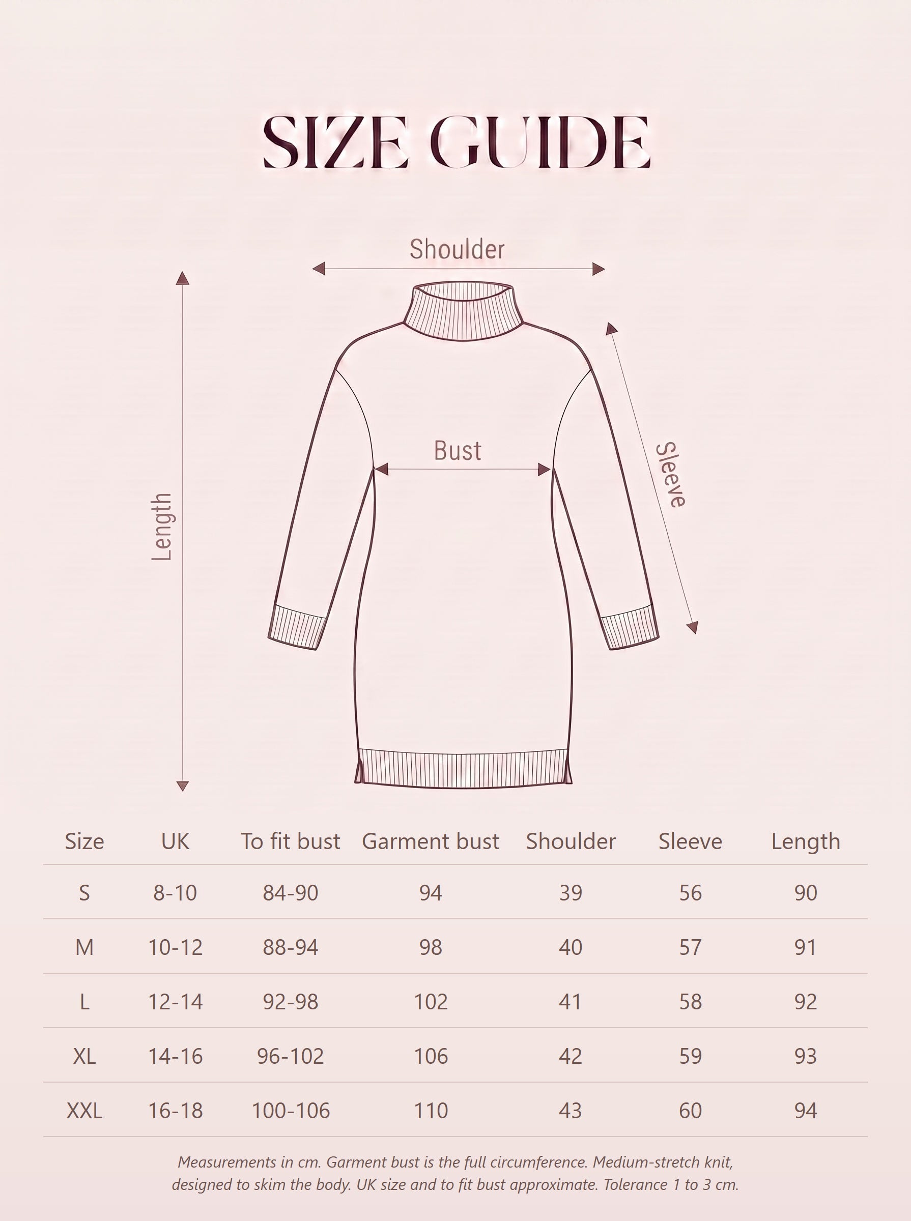 Size guide for the womens Aran cable-knit polo-neck jumper dress with measurements in cm for sizes S to XXL