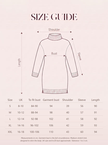 Size guide for the womens Aran cable-knit polo-neck jumper dress with measurements in cm for sizes S to XXL