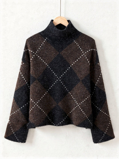 Argyle jumper in chocolate brown and black on a wooden hanger, front view