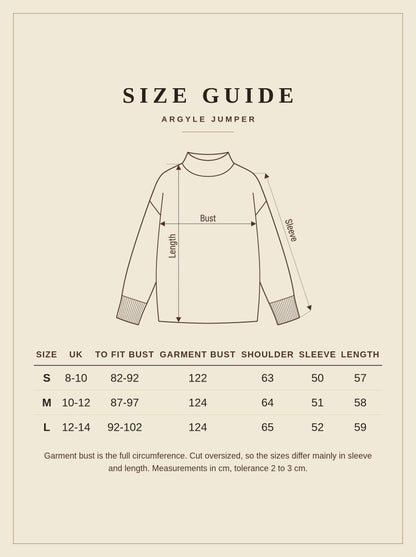 Size guide for the argyle jumper, sizes S to L, UK 8 to 14, measurements in centimetres