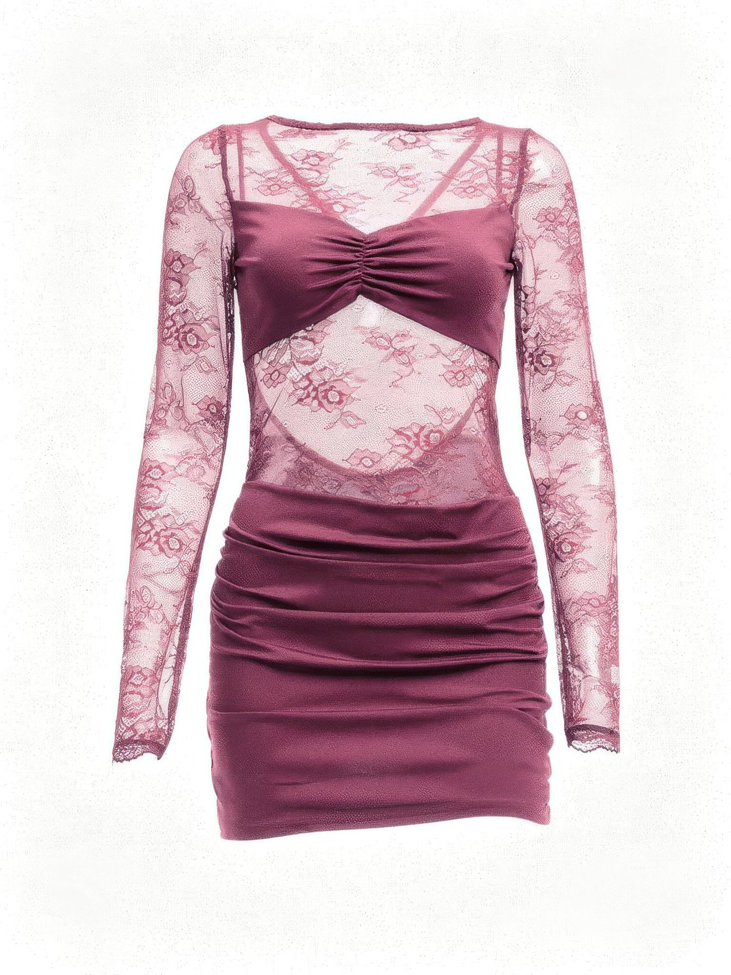Backless lace dress in Mulberry, front view showing the sheer floral lace panels and ruched skirt