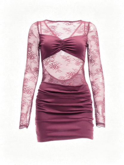 Backless lace dress in Mulberry, front view showing the sheer floral lace panels and ruched skirt