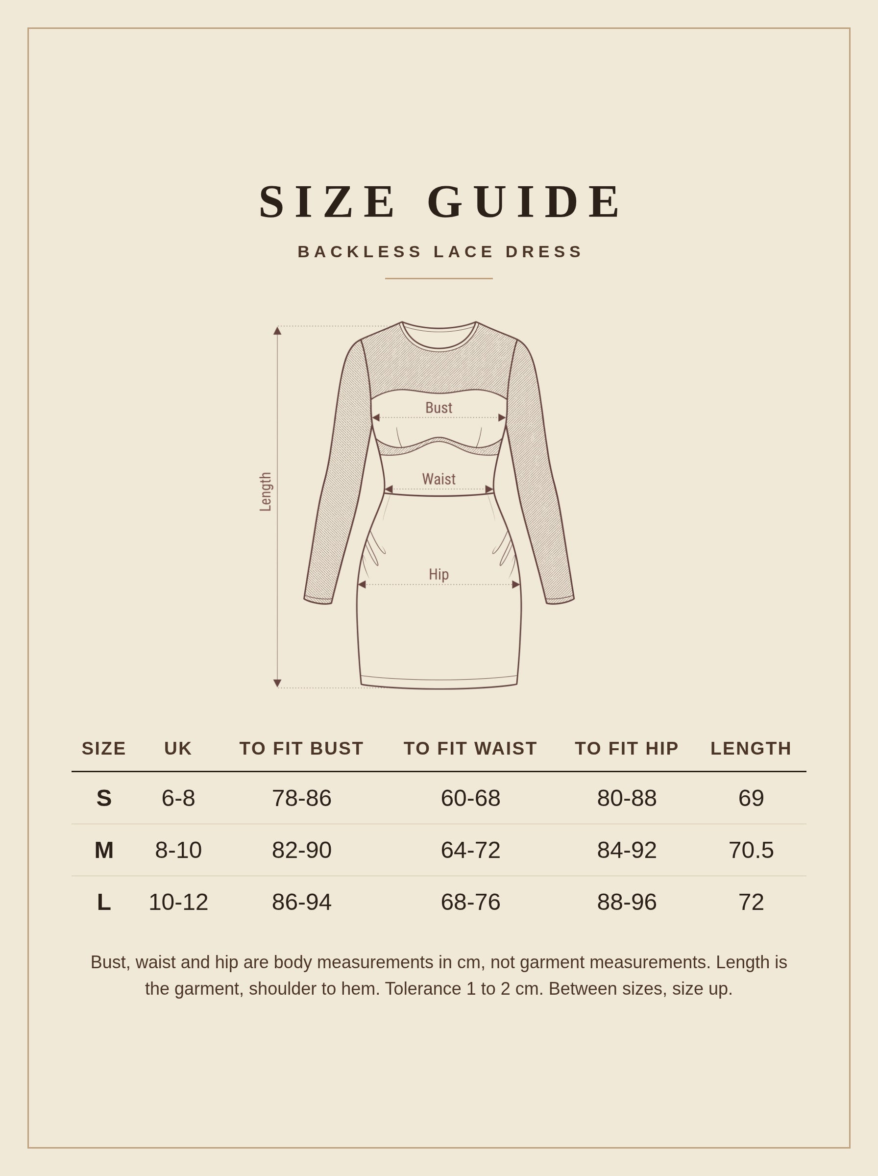 Harlbury size guide for the backless lace dress, sizes S to L with body measurements in centimetres