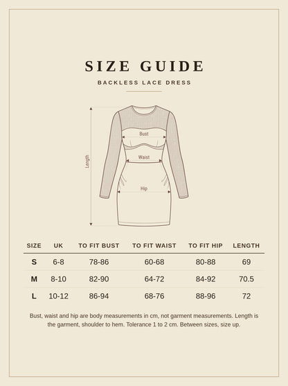 Harlbury size guide for the backless lace dress, sizes S to L with body measurements in centimetres