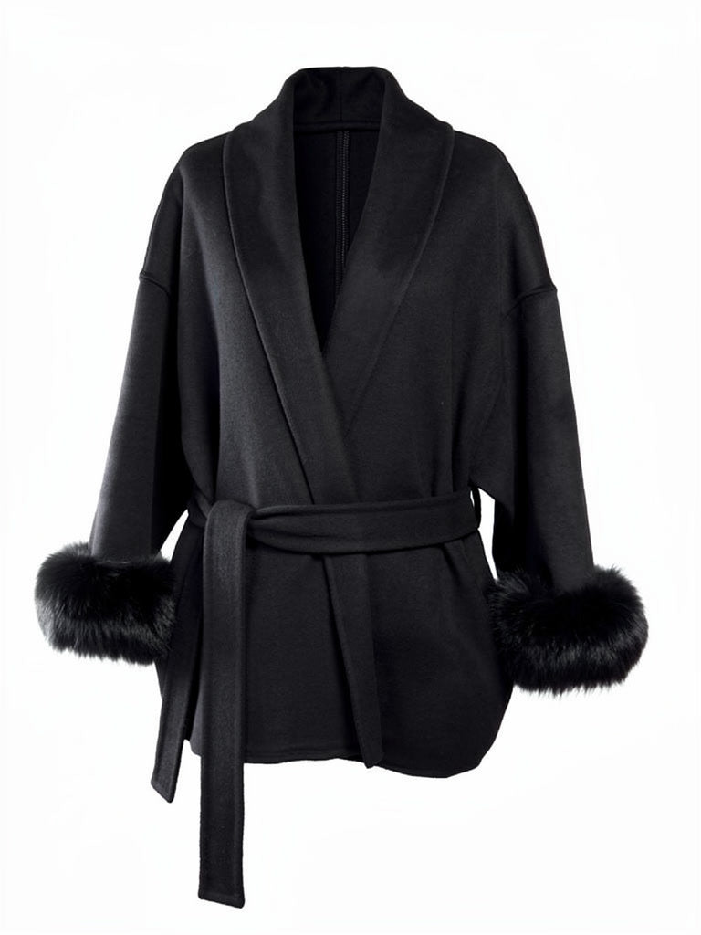 Black belted coat with faux fur cuffs and shawl collar, front view