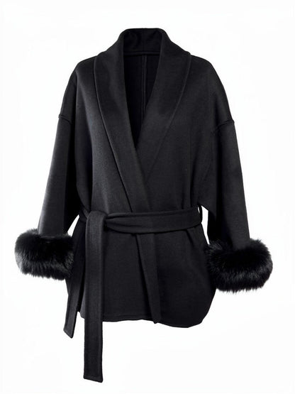 Black belted coat with faux fur cuffs and shawl collar, front view
