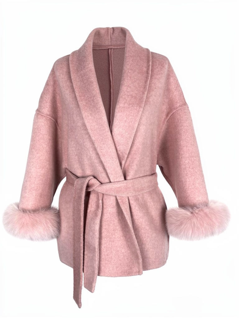 Camellia pink belted coat with faux fur cuffs and shawl collar, front view
