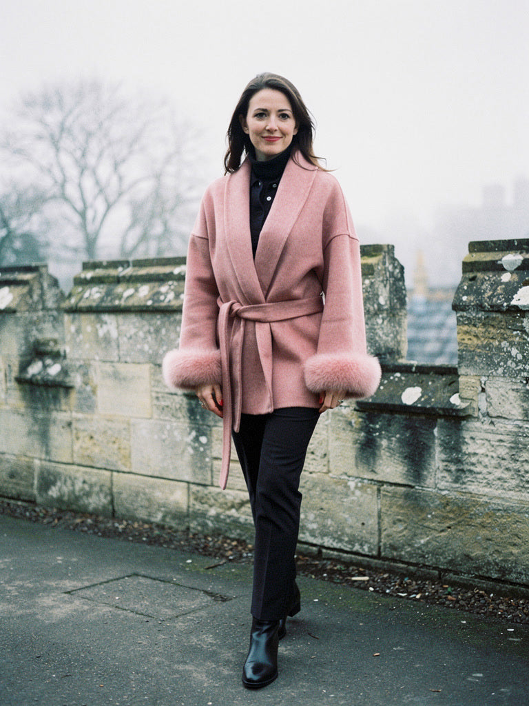 Woman in a Camellia pink belted coat with faux fur cuffs on a winter city wall walk