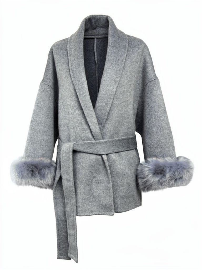Flint grey belted coat with faux fur cuffs and shawl collar, front view