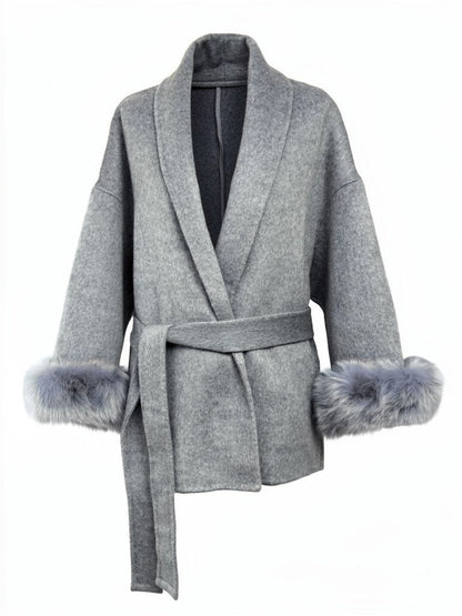 Flint grey belted coat with faux fur cuffs and shawl collar, front view
